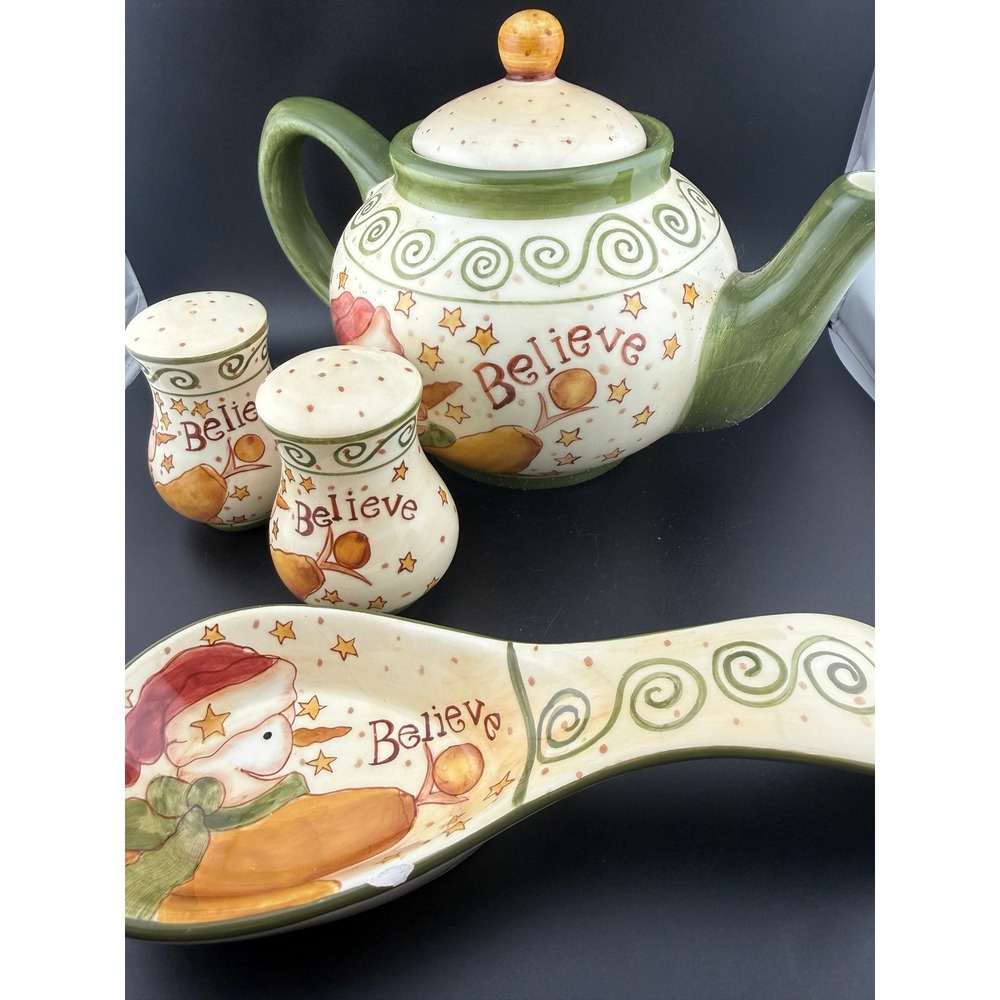 Lang & Wise Just Believe Karen Hillard Crouch Snowman Teapot Shakers Spoon Rest